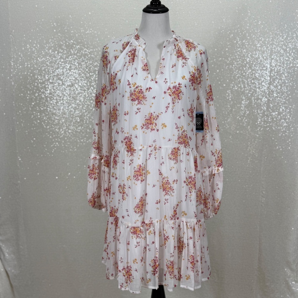 Vince Camuto Floral Dress Womens L Long Sleeve V Neck Tiered Ruffle Boho - Picture 8 of 13